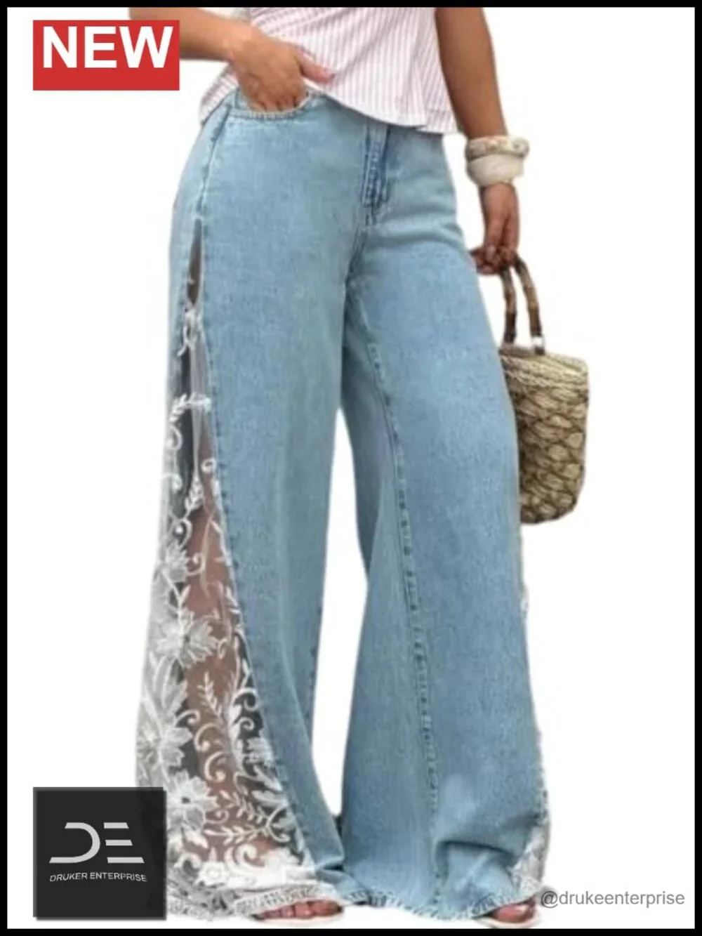 Geulis Floral Lace Wide Leg Jeans High Waisted Baggy Denim Pants